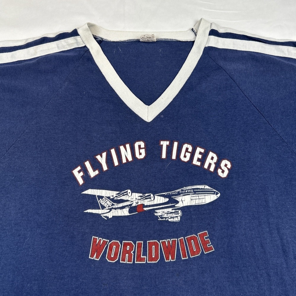 VTG Bantam 80s Flying Tigers Worldwide T Shirt Sz XL V Neck Blue 50/50 Striped